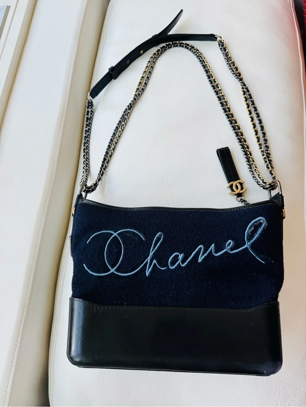 Chanel Gabrielle Medium Navy Paris Hamburg Collection Wool Bag Multi-Metal Chain
